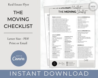 Lista de verificación para mudanzas inmobiliarias, planificador de mudanzas, folleto de mudanzas, marketing para agentes inmobiliarios, compradores de viviendas, plantilla para bienes raíces, imprimible, PDF, Canva