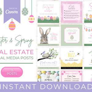May include: A set of 15 social media posts for real estate agents featuring Easter and spring themes. The posts include images of eggs, bunnies, and spring flowers, along with text that is relevant to the real estate industry. The text includes phrases like "Need a new nest?" and "Get the buzz on the real estate market."