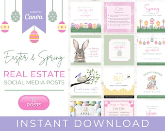 15 publicaciones en redes sociales sobre bienes raíces para PASCUA y PRIMAVERA / Marketing para agentes inmobiliarios / Corredores inmobiliarios / Plantillas de Canva para Instagram
