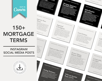 Más de 150 términos hipotecarios / Publicaciones para redes sociales en Instagram / Marketing hipotecario / Plantillas de Canva / Terminología hipotecaria / Vocabulario hipotecario