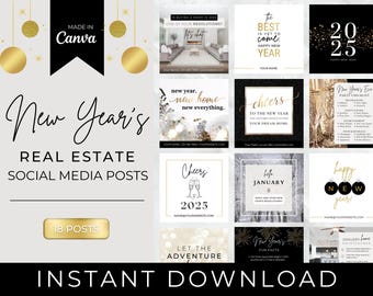 18 publicaciones de redes sociales sobre bienes raíces para AÑO NUEVO y enero / Marketing inmobiliario / Publicaciones de Instagram sobre bienes raíces / Plantillas de Canva