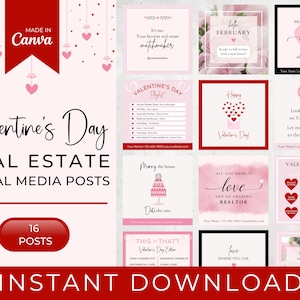 16 post sui social media per il settore immobiliare e immobiliare per SAN VALENTINO / Marketing immobiliare / Agente immobiliare Broker / Instagram / Modelli Canva