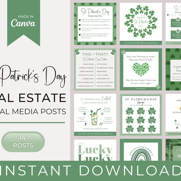 14 ST PATRICK'S DAY Real Estate & Realtor Social Media Posts | Realtor Marketing | Real Estate Agent | Broker | Instagram | Canva Templates