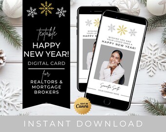 Tarjeta de texto "FELIZ AÑO NUEVO" / Marketing hipotecario e inmobiliario / Tarjeta navideña digital / Cliente / Agente inmobiliario / Corredor hipotecario / Plantilla de Canva