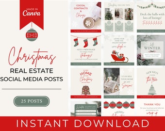 25 publicaciones de Instagram sobre bienes raíces en Navidad / Marketing inmobiliario / Plantilla Canva / Redes sociales para agentes inmobiliarios / Bienes raíces para las vacaciones de invierno