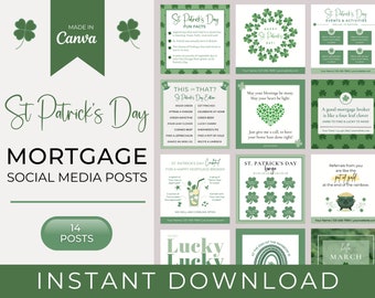 Publicaciones en redes sociales sobre hipotecas para el 14.º DÍA DE SAN PATRICIO / Marketing hipotecario / Agente de préstamos / Corredor hipotecario / Instagram / Plantillas de Canva