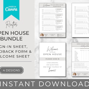 Könnte beinhalten: Ein digitales Download-Paket mit vier druckbaren Formularen für eine Immobilien-Besichtigung: Anmeldeformulare, Feedback-Formulare und Willkommensblätter. Das Paket enthält ein Willkommensformular mit dem Text "Willkommen zu unserer Besichtigung. Bitte melden Sie sich an. Schauen Sie sich um, stellen Sie Fragen und fühlen Sie sich wie zu Hause!"
