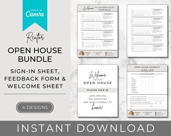 Paquete de puertas abiertas para agentes inmobiliarios / Hojas de registro / Formulario de comentarios / Hoja de bienvenida / Agente inmobiliario / Marketing para agentes inmobiliarios / Plantilla Canva en PDF