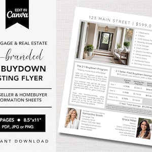 May include: A co-branded 2-1 Buydown Listing Flyer for a 5 bedroom, 2,500 square foot home with a 2 car garage, chef's kitchen, quartz countertops, Viking appliances, French doors, hardwood floors, and stunning mountain views. The flyer includes a 2-1 Seller-Paid Buydown Example with a 2 year total savings of $11,039.40.