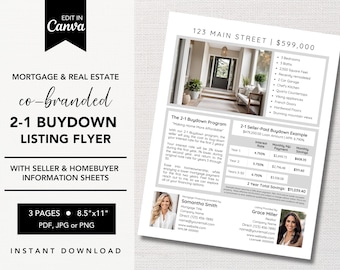 2-1 BUYDOWN Co-Branded Listing Flyer | Mortgage Marketing |  Real Estate Agent | Loan Officer | Homebuyer and Seller Presentation | Canva