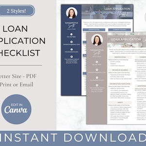 Könnte beinhalten: Eine druckbare Checkliste für einen Kreditantrag in zwei Stilen, einem blauen und einem beigen. Die Checkliste enthält Abschnitte für die Identifizierung, die aktuelle Unterkunft, das Einkommen von Angestellten und Selbstständigen, Vermögenswerte und zusätzliche Dokumente. Der Text "LOAN APPLICATION CHECKLIST" befindet sich oben auf der Seite. Der Text "EDIT IN Canva" befindet sich in einem blauen Kreis unten auf der Seite. Der Text "INSTANT DOWNLOAD" befindet sich unten auf der Seite.