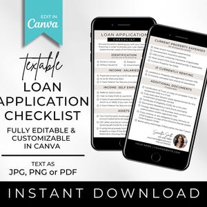 Könnte beinhalten: Eine Checkliste für einen Kreditantrag mit weißem Hintergrund und schwarzem Text. Die Checkliste umfasst Abschnitte für die Identifizierung, das Einkommen, das Vermögen, die aktuellen Immobilienkosten und zusätzliche Dokumente. Die Checkliste ist vollständig editierbar und anpassbar in Canva. Der Text ist als JPG, PNG oder PDF verfügbar.