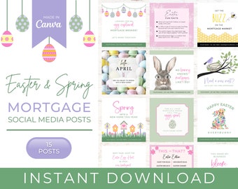 15 Publicaciones de hipotecas en redes sociales para PASCUA y PRIMAVERA / Marketing para agentes de préstamos / Hipotecas / Bienes raíces / Plantillas de Canva para Instagram