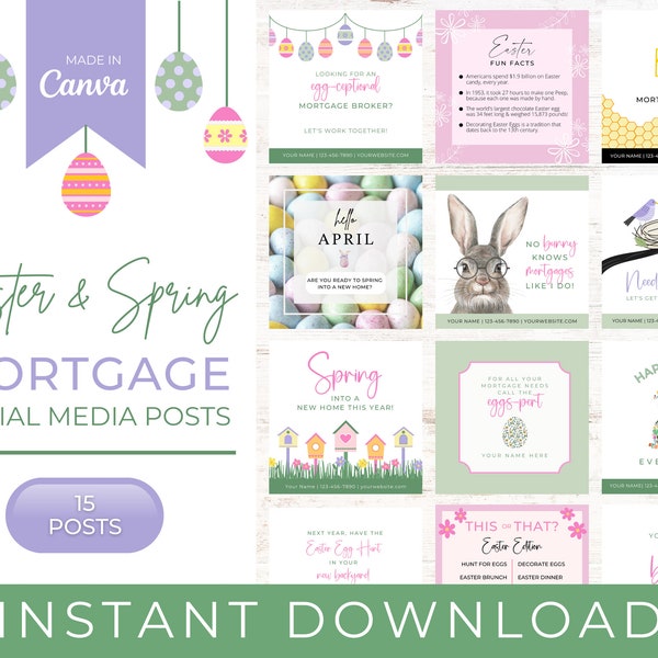 15 EASTER & SPRING Mortgage Social Media Posts | Loan Officer Mortgage Broker Marketing | Mortgage | Real Estate | Instagram Canva Templates