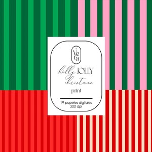 Puede incluir: Impresión digital con cuatro secciones de rayas verticales en verde, rojo, rosa y crema. Una etiqueta blanca con el texto "Kelly Jolly Christmas print" está centrada en la imagen.