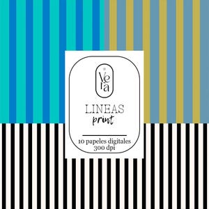 Puede incluir: Paquete de papel digital con rayas verticales en tonos azules y dorados. El diseño incluye un patrón de rayas blancas y negras en la parte inferior y una etiqueta blanca con el texto "LINEAS print".