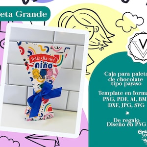May include: A printable template for a chocolate bar box shaped like a clown. The template features a colourful design with the text "Feliz dia del niño" and a blue ribbon. The template is available in PNG, PDF, AI, BMP, DXF, JPG, and SVG formats.