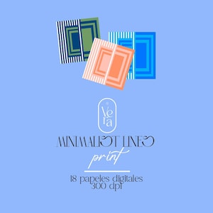 Puede incluir: Fondo azul claro con tres diseños rectangulares con patrones geométricos en azul, verde y naranja. También aparece el texto "MINIMALIST LINES print" y "18 papeles digitales 300 dpi".