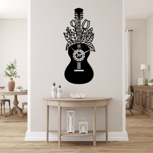 Bloemen gitaar klok horloge lasergesneden SVG DXF-bestanden muur kunst gravure sjabloon CNC snijrouter digitaal vectorontwerp direct downloaden