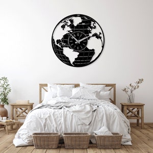 World Globe Wall Clock Watch Illustration Design laser cut svg dxf files wall decal template cnc cutting digital vector instant download