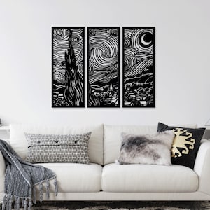 Noite estrelada Vincent Van Gogh corte a laser svg dxf arquivos adesivo de parede gravura silhueta modelo cnc corte digital vetor download instantâneo