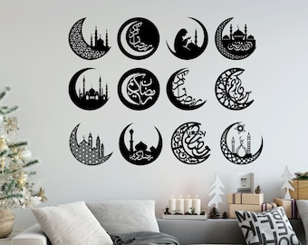 May include: Twelve black crescent moon wall decals with intricate designs, including Arabic calligraphy, mosques, and stars. The decals are arranged in a grid pattern on a white wall.