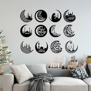 Mond mit Moschee, muslimisch-islamische Laserschnittdateien, Wandaufkleber, Gravur, Silhouette, Vorlage, CNC-Schneiden, digitaler Vektor, sofortiger Download