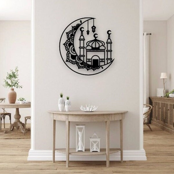 Moon with Mosque Muslim Islamic laser cut files wall sticker engraving silhouette template cnc cutting digital vector instant download