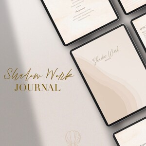 May include: A digital planner with a seashell logo and the text "Shadow Work Journal" on the cover. The planner is open to a page with the title "Shadow Work Journal" and an index with topics like "Shadow Work Journaling" and "Forgiveness".