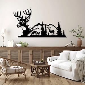 Hirsch, Berg, Natur Laser cut svg dxf Dateien Wandaufkleber Aufkleber Silhouette Vorlage CNC-Schneidefräser digitaler Vektor-Sofortdownload