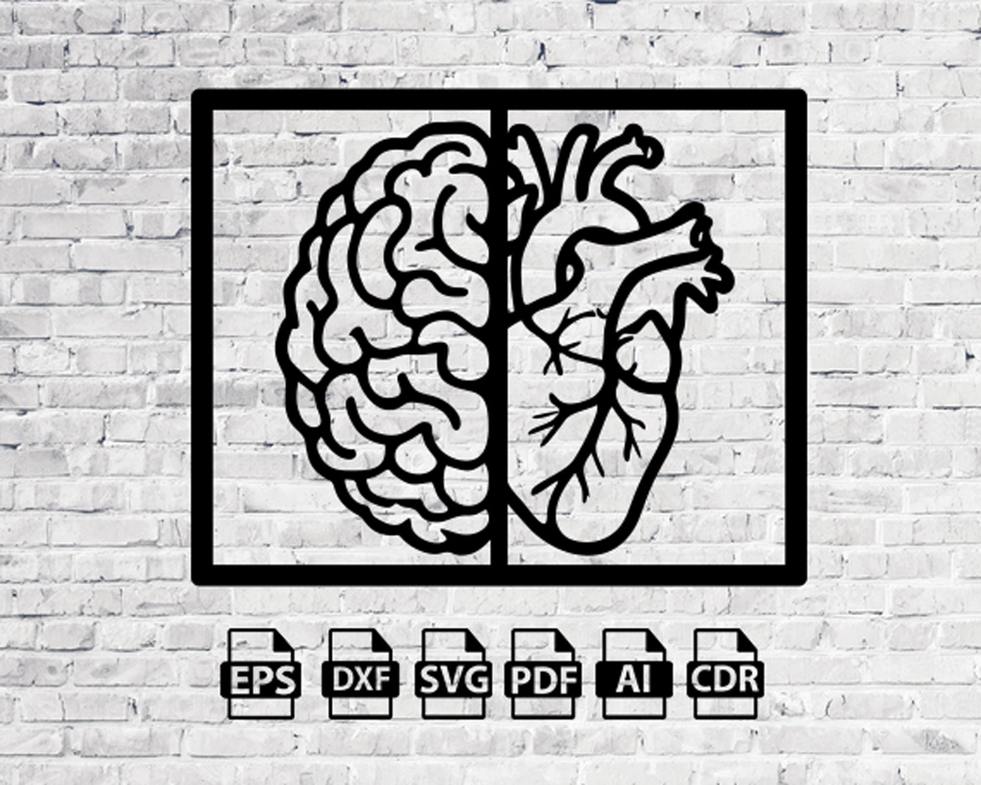 Brain Dxf Brain and Heart Laser Cut Svg Dxf Files Wall Sticker Engraving Decal ...