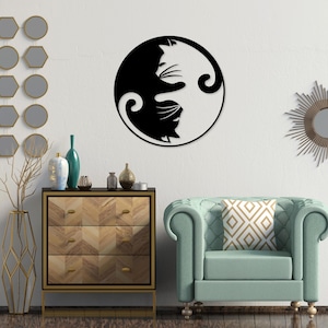 Chat noir et blanc yin yang découpé au laser fichiers svg dxf sticker mural gravure silhouette modèle CNC découpe routeur numérique téléchargement immédiat