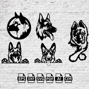 Pode incluir: Um conjunto de seis arquivos de corte digital em preto e branco que apresentam diferentes poses de cães pastores alemães. Os arquivos estão disponíveis nos formatos EPS, DXF, SVG, PDF, AI e CDR.