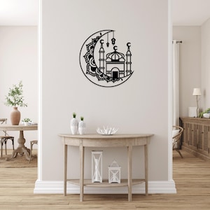 Maan met moskee moslim islamitische dxf svg lasergesneden bestanden muursticker gravure silhouet sjabloon cnc-snijden digitale vector download
