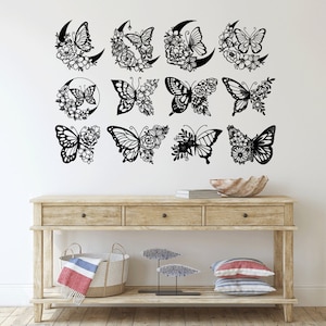 Schmetterling Blumen Laser cut svg dxf Dateien Wandaufkleber Gravur Aufkleber Silhouette Vorlage CNC-Schneidefräser digitaler Vektor-Sofortdownload