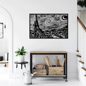 Noite estrelada Vincent Van Gogh corte a laser svg dxf arquivos adesivo de parede gravura silhueta modelo cnc corte digital vetor download instantâneo