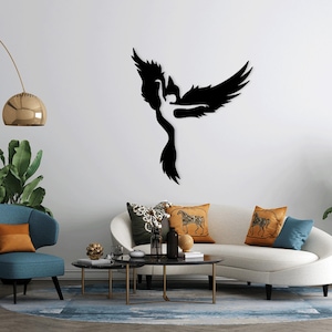 Femme avec oiseau Phoenix découpé au laser dxf pdf svg sticker mural gravure silhouette modèle CNC découpe numérique vecteur téléchargement immédiat