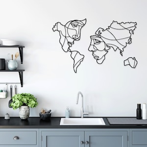 Mapa del mundo con caras cortadas con láser, archivos svg dxf glowforge, calcomanías de pared, plantillas de silueta, corte cnc, vector digital, descarga instantánea