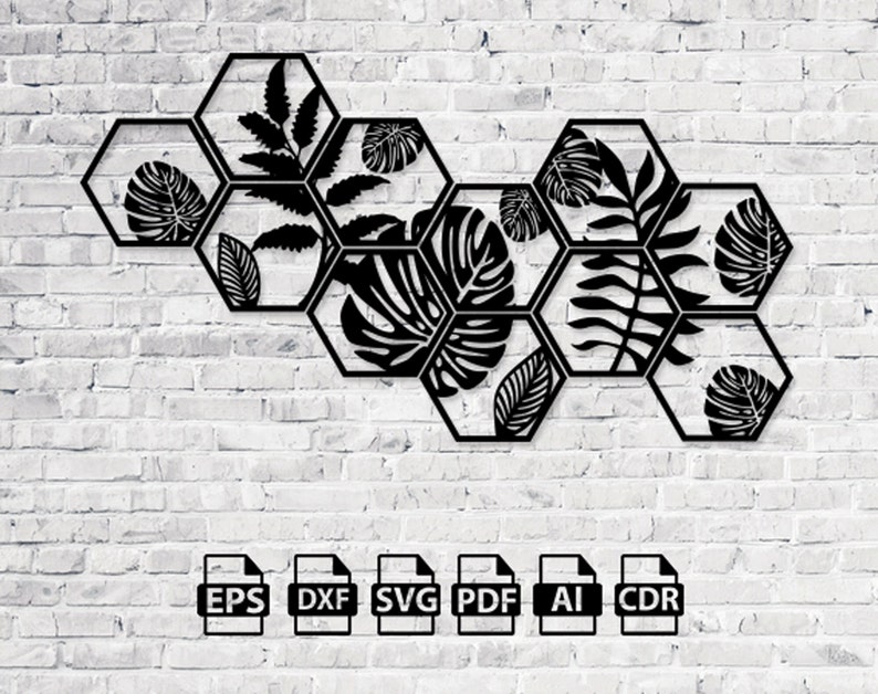 May include: A set of six black metal hexagon wall decor pieces with cut-out tropical leaf designs. The pieces are arranged in a staggered pattern.