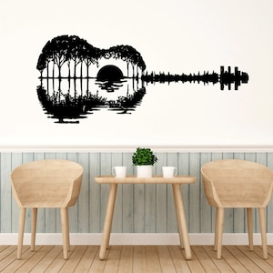 Gitaar, Boom, Zon laser gesneden svg dxf bestanden muur sticker gravure decal silhouet sjabloon cnc snijden router digitale instant download