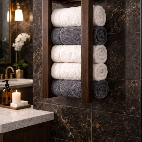 Premium Towel Rack Wall Mounted Bathroom Organizer, Wooden Towel Holder, Farmhouse Bathroom Storage, Modern Wall Shelf Decor