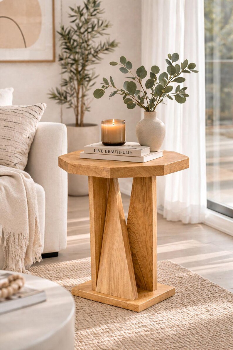 Light oak small wooden side table, narrow accent table by sofa, modern farmhouse end table styling with decor.
