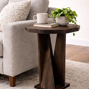 Modern Side Table, Geometric Plant Stand for Bedroom, Handmade Wood Furniture