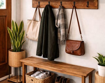 Perchero de madera hecho a mano / Ganchos de pared rústicos para la entrada de una casa de campo