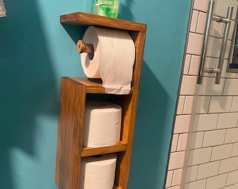 Rustic Wooden Toilet Paper Holder with Storage Shelf, Farmhouse Bathroom Organizer