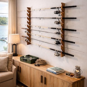 Fishing Rod Rack Wall Mount, Dual Bracket Wooden Holder, Garage Gear Storage
