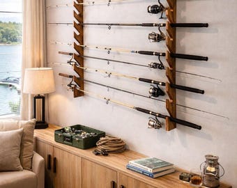 Fishing Rod Rack Wall Mount, Dual Bracket Wooden Holder, Garage Gear Storage