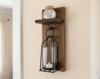 Colgador de velas de madera de roble hecho a mano / Decoración rústica de pared con farol de metal negro / Decoración del hogar 6x14