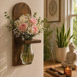 Puede incluir: Un soporte de pared de madera con un jarrón de vidrio lleno de rosas rosas y flores blancas. El soporte tiene un acabado marrón oscuro y está montado en una pared beige. El jarrón se exhibe cerca de una ventana con una estatua de Buda y un incienso.