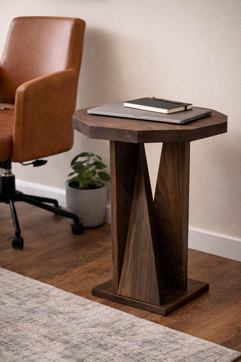 Dark small wooden side table used as modern wood nightstand, next to brown leather chair with books and plant.